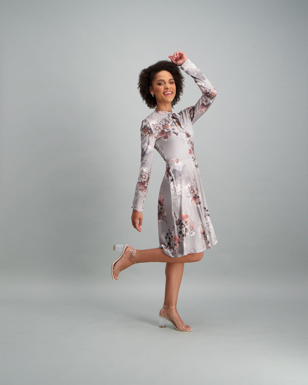 Ladies-Floral Tie Neck Fit & Flare Dress - Grey