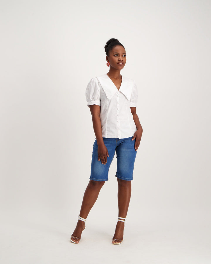 Ladies Poplin Shirt With Lace Edge Collar-White