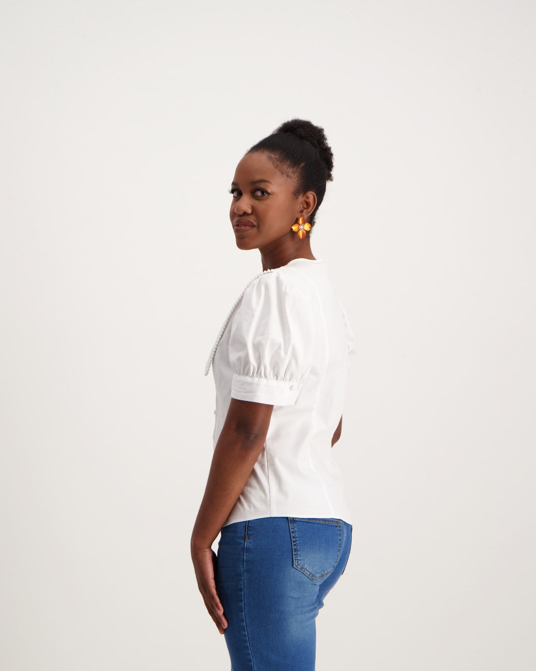 Ladies Poplin Shirt With Lace Edge Collar-White