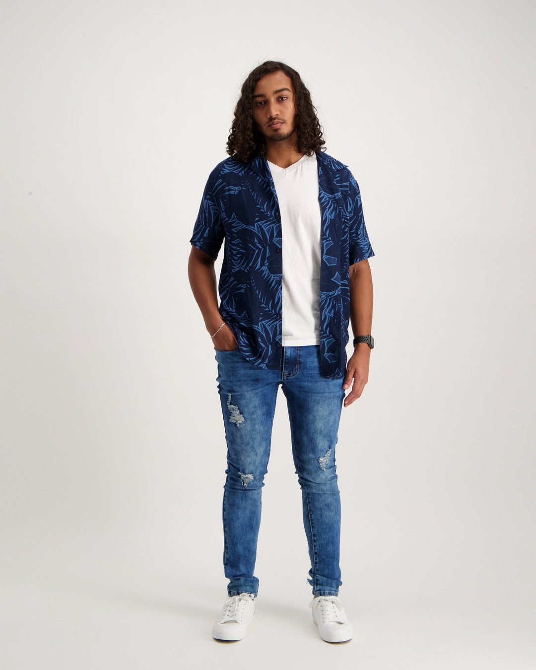 Men's Short Sleeve Floral Shirt - Navy