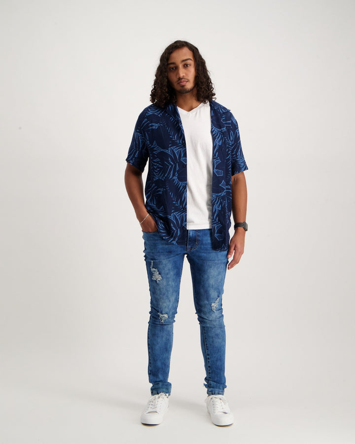 Men's Short Sleeve Floral Shirt - Navy