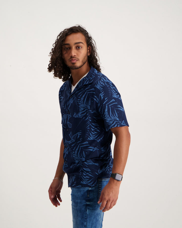 Men's Short Sleeve Floral Shirt - Navy