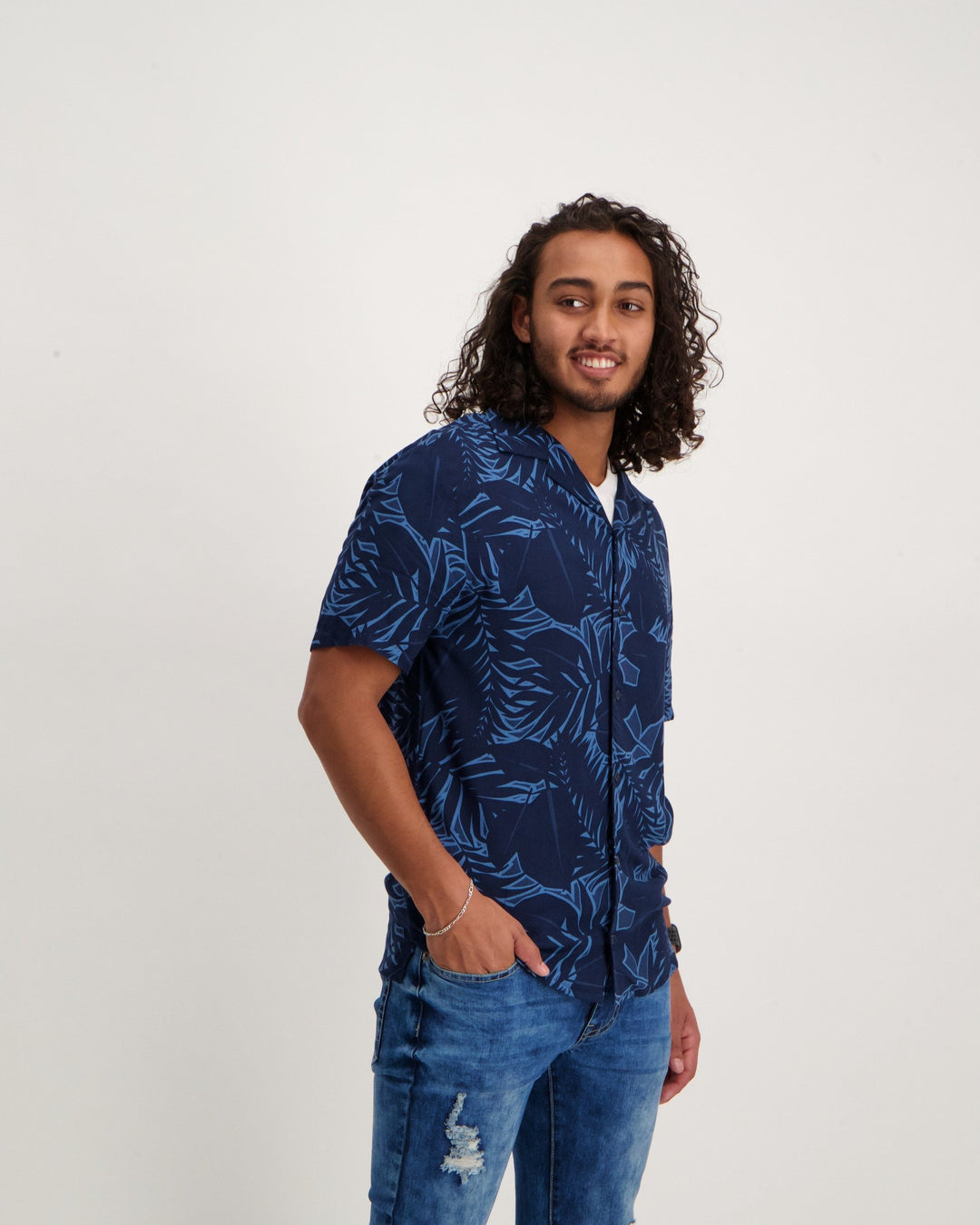 Men's Short Sleeve Floral Shirt - Navy
