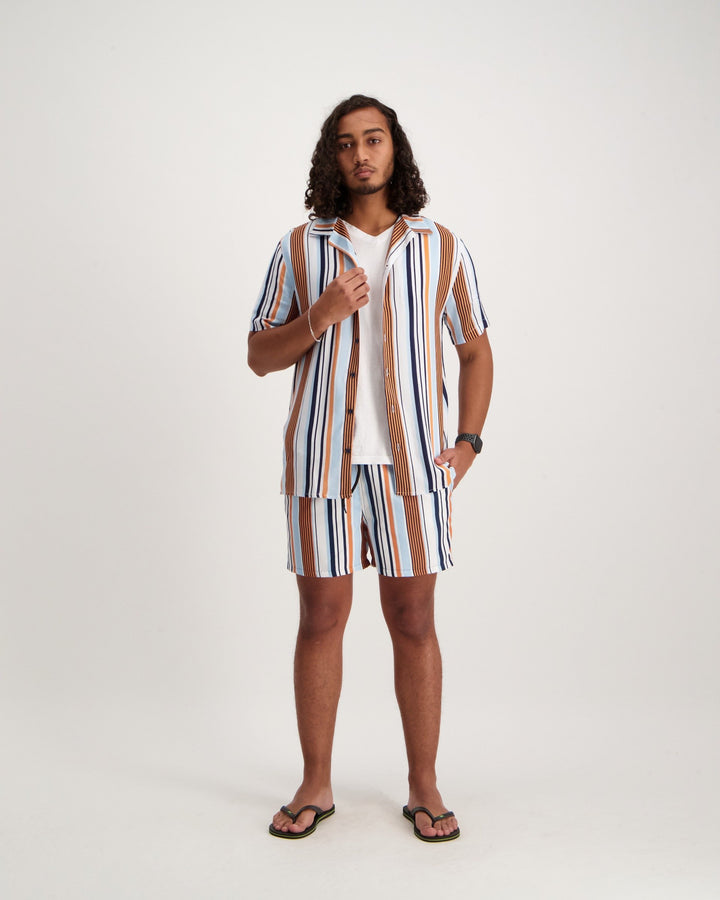 Men's Short Sleeve Vertical Stripe Shirt-Blue