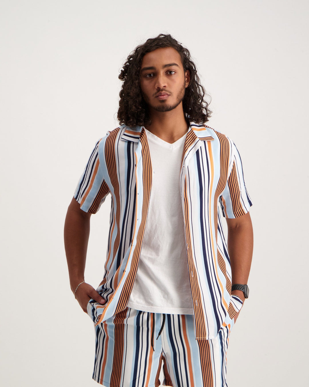 Men's Short Sleeve Vertical Stripe Shirt-Blue