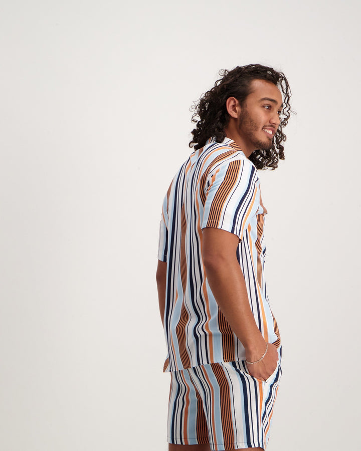 Men's Short Sleeve Vertical Stripe Shirt-Blue