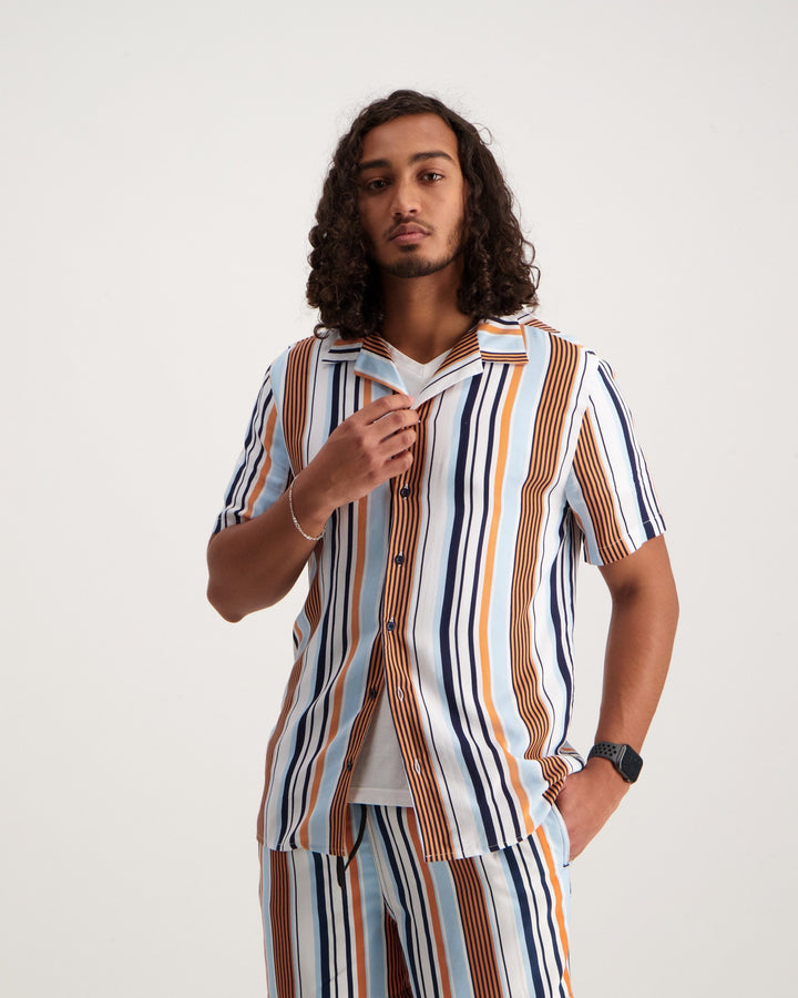 Men's Short Sleeve Vertical Stripe Shirt-Blue