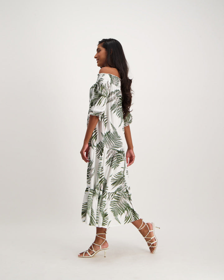 Ladies Palm Printed Bardot Maxi Dress