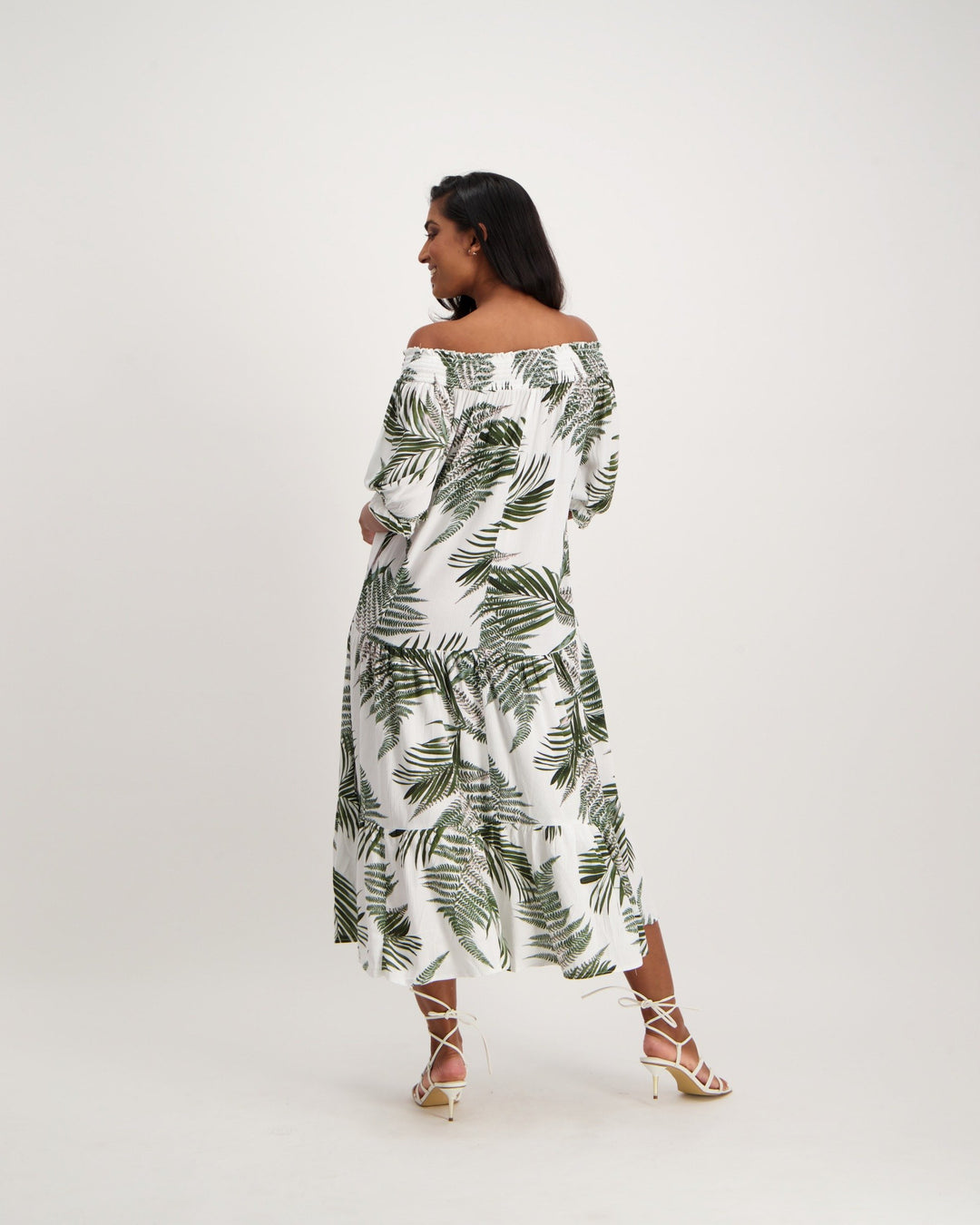 Ladies Palm Printed Bardot Maxi Dress