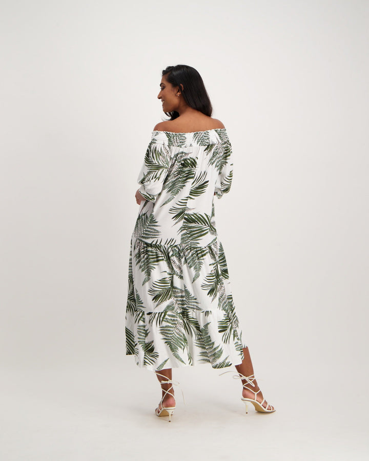 Ladies Palm Printed Bardot Maxi Dress