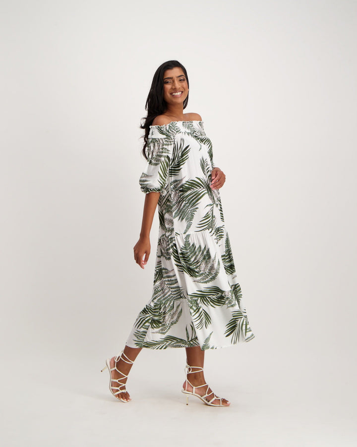 Ladies Palm Printed Bardot Maxi Dress