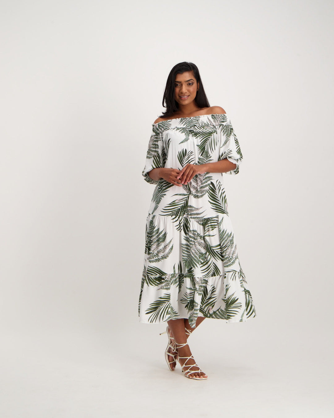Ladies Palm Printed Bardot Maxi Dress