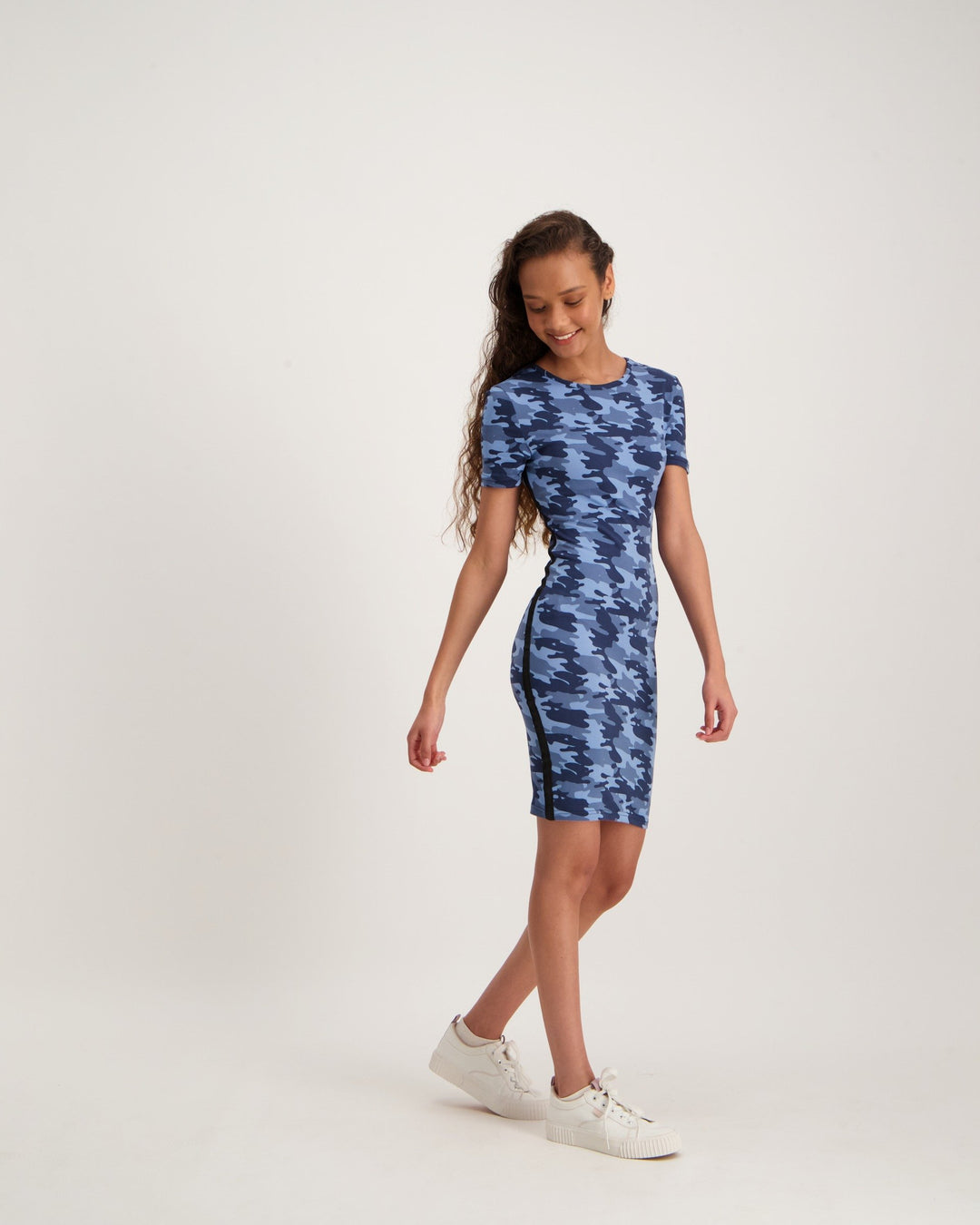 Ladies Camo Printed Bodycon Side Tape Dress - Blue
