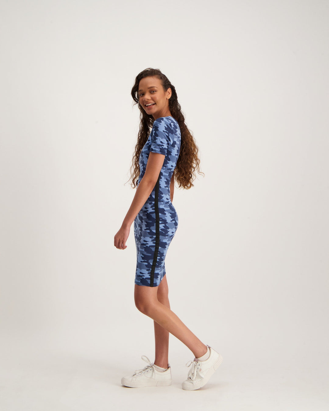 Ladies Camo Printed Bodycon Side Tape Dress - Blue