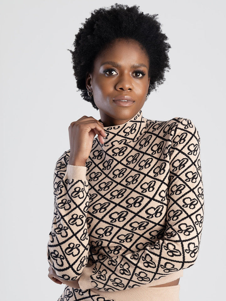 Long Sleeve Knit Turtle-Neck Logo Crop Top - Stone