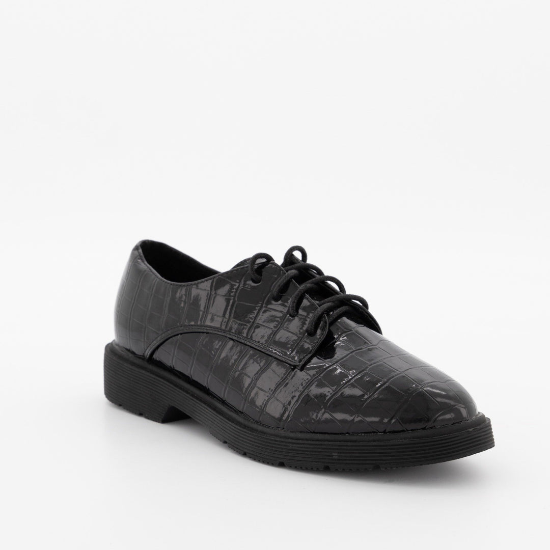 Ladies Embossed Lace-Up Oxford Shoe-Black