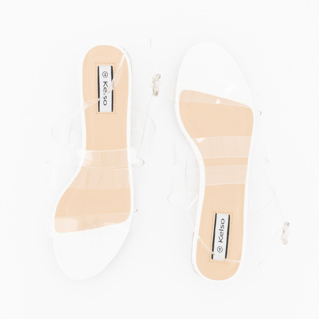 Ladies Low Perspex Heel With Vinyl Upper Strap - Clear