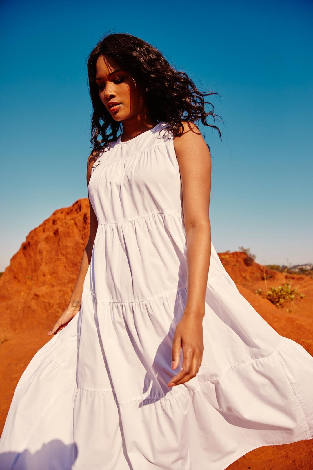 Ladies Poplin Tiered Maxi Dress - White