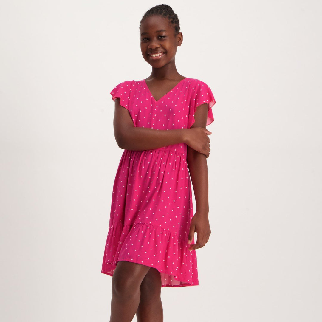 Girls Polka Dot Tiered Dress - Magenta