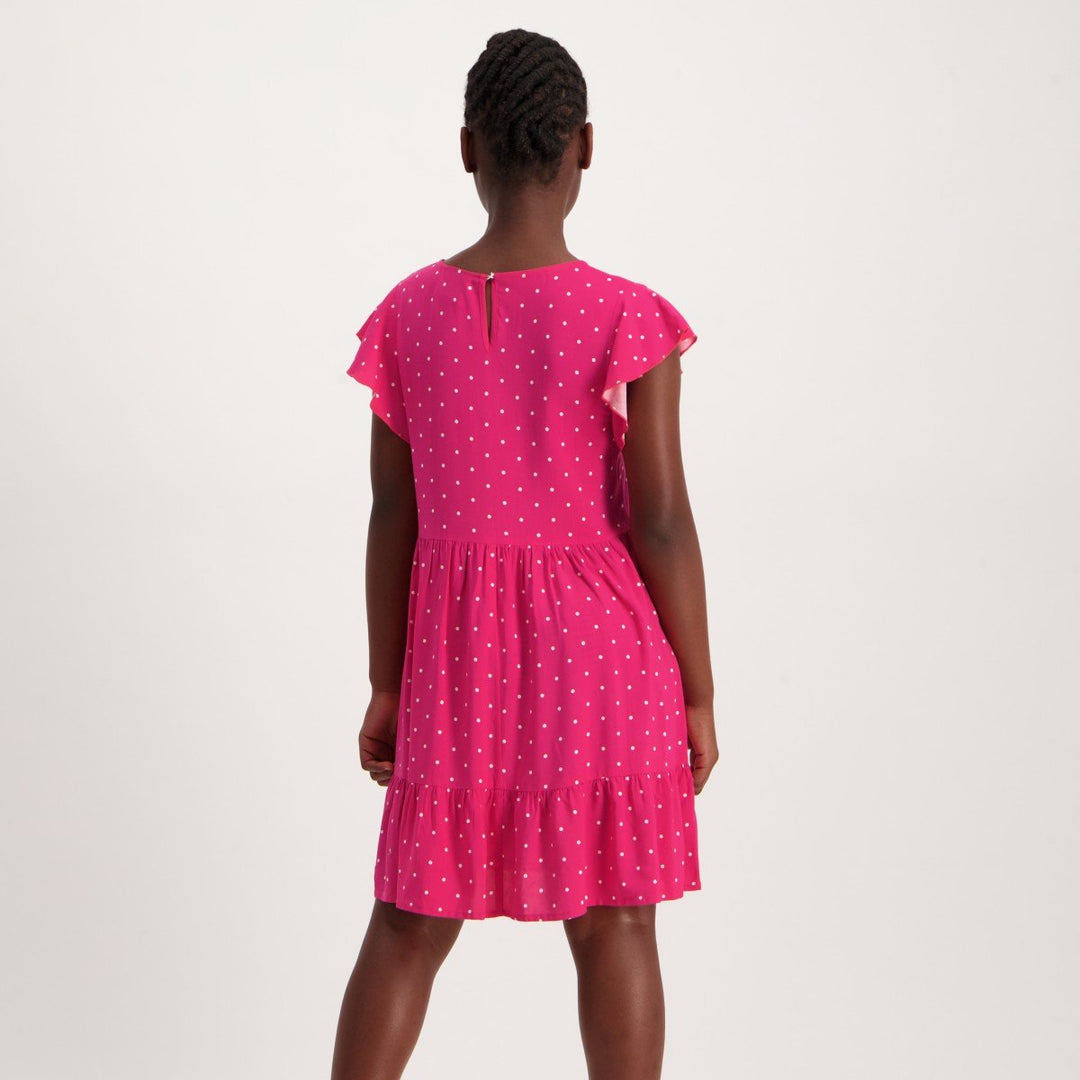 Girls Polka Dot Tiered Dress - Magenta
