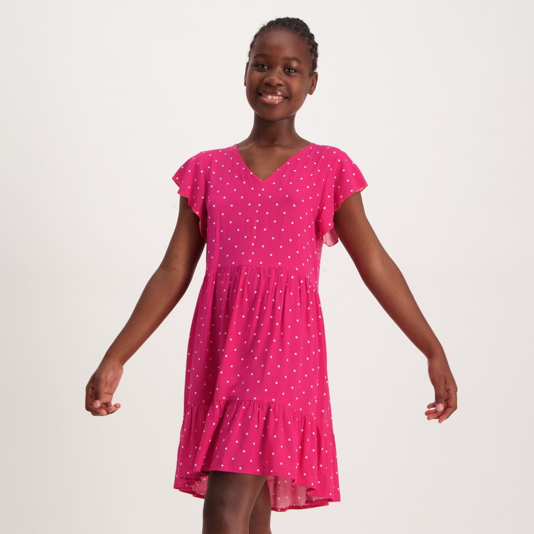 Girls Polka Dot Tiered Dress - Magenta