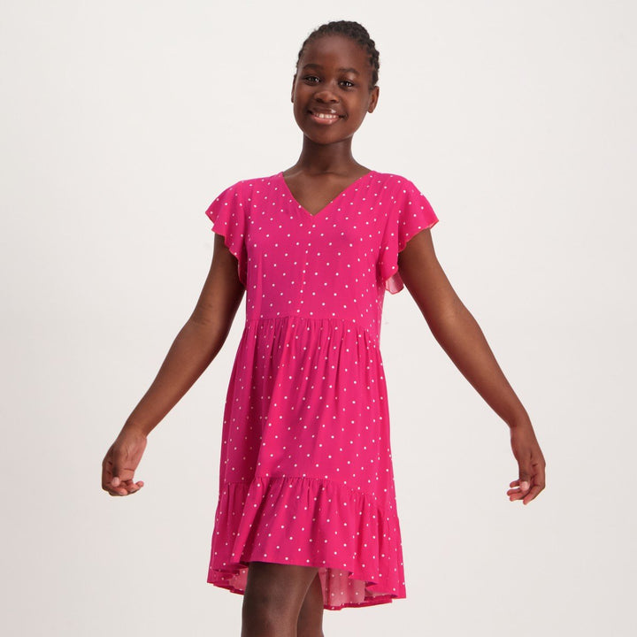 Girls Polka Dot Tiered Dress - Magenta