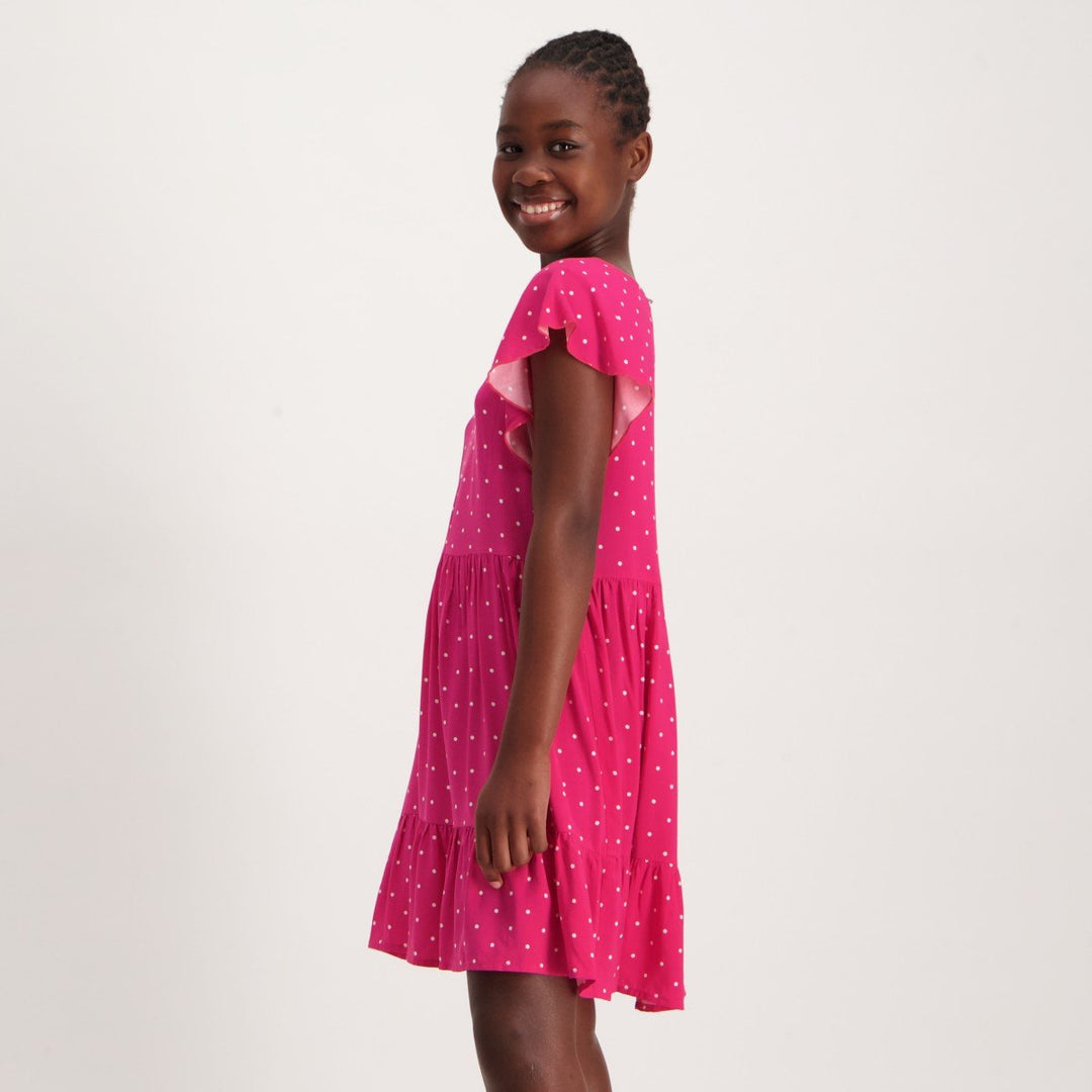 Girls Polka Dot Tiered Dress - Magenta