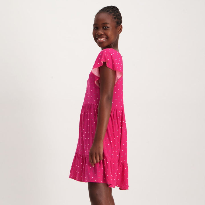 Girls Polka Dot Tiered Dress - Magenta