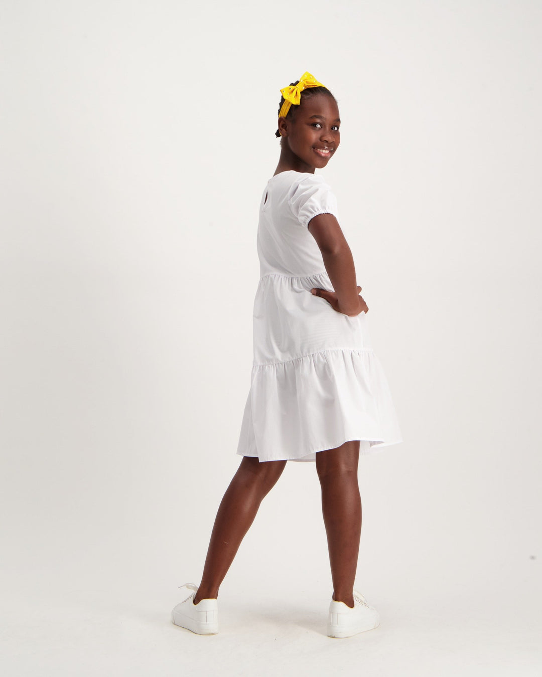 Girls Cotton Tiered Dress - White