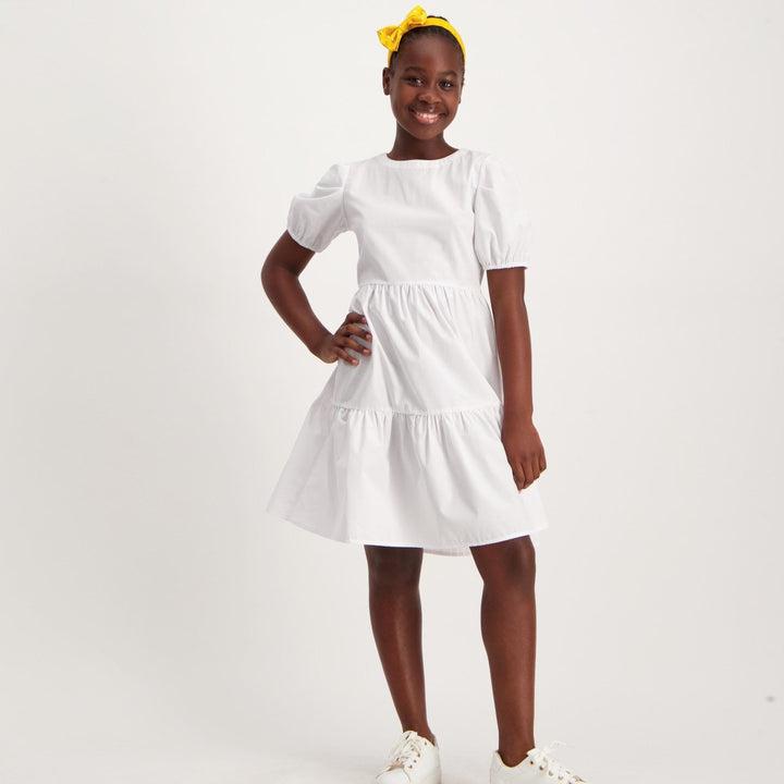 Girls Cotton Tiered Dress - White
