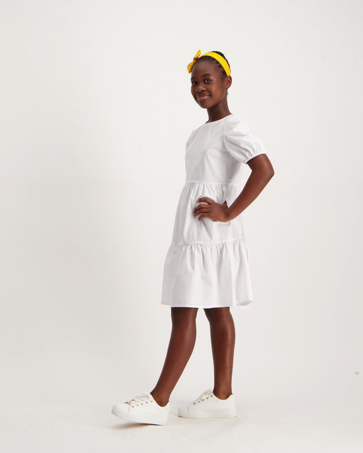 Girls Cotton Tiered Dress - White