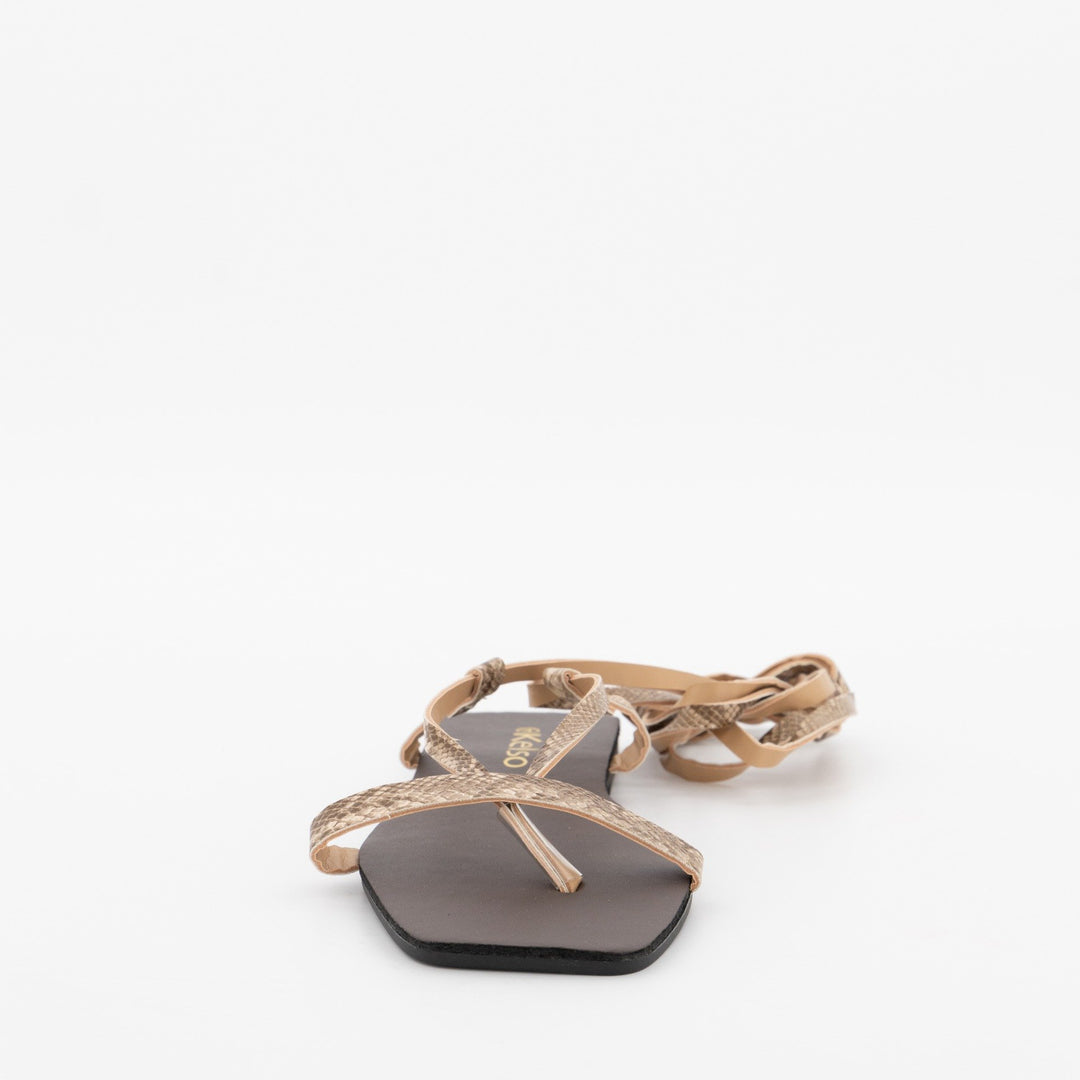 Ladies Square Toe Lace-Up Thong  Sandal - Beige