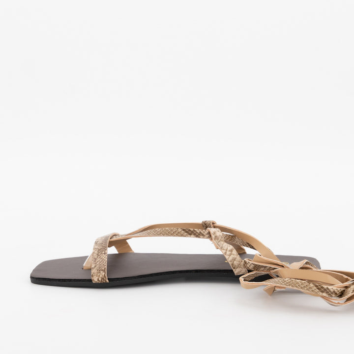 Ladies Square Toe Lace-Up Thong  Sandal - Beige