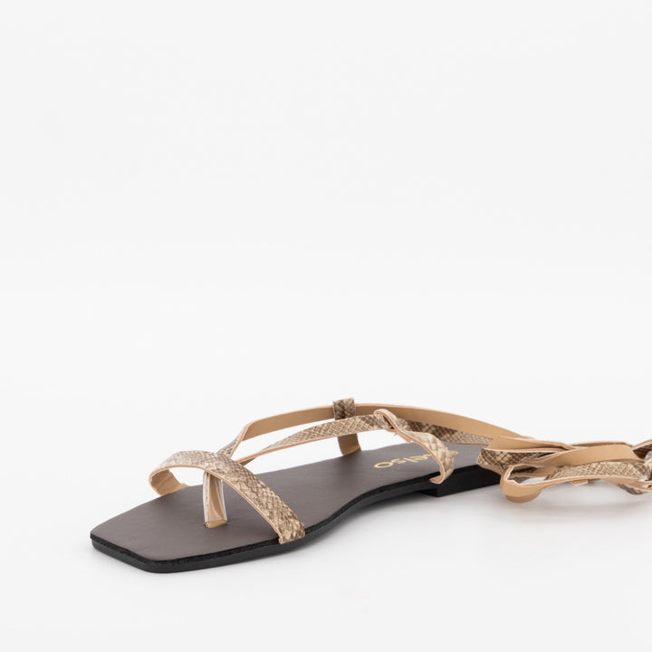 Ladies Square Toe Lace-Up Thong  Sandal - Beige