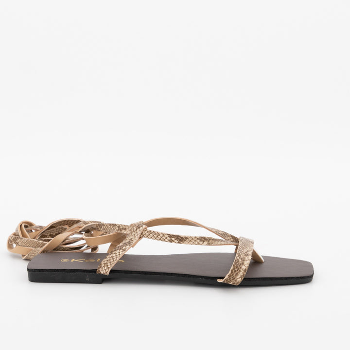 Ladies Square Toe Lace-Up Thong  Sandal - Beige