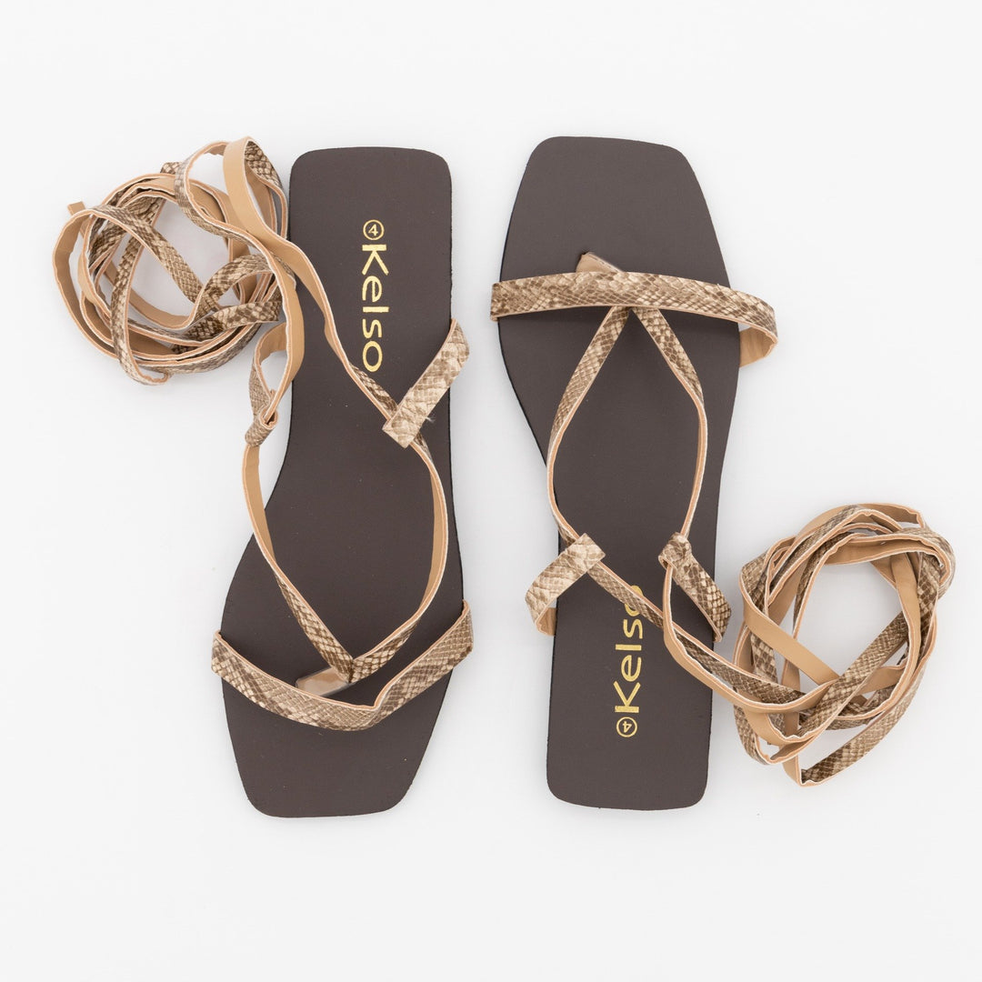 Ladies Square Toe Lace-Up Thong  Sandal - Beige