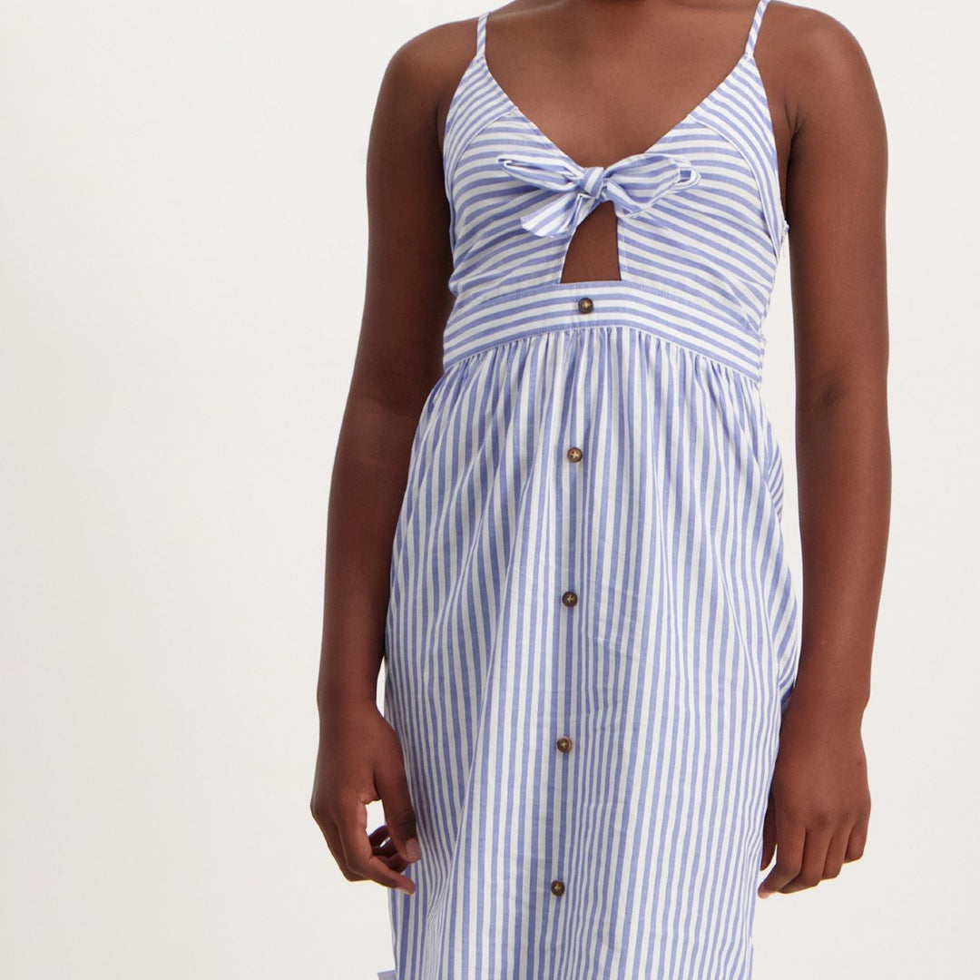 Girls Front Knot Striped Cotton Dress - Blue