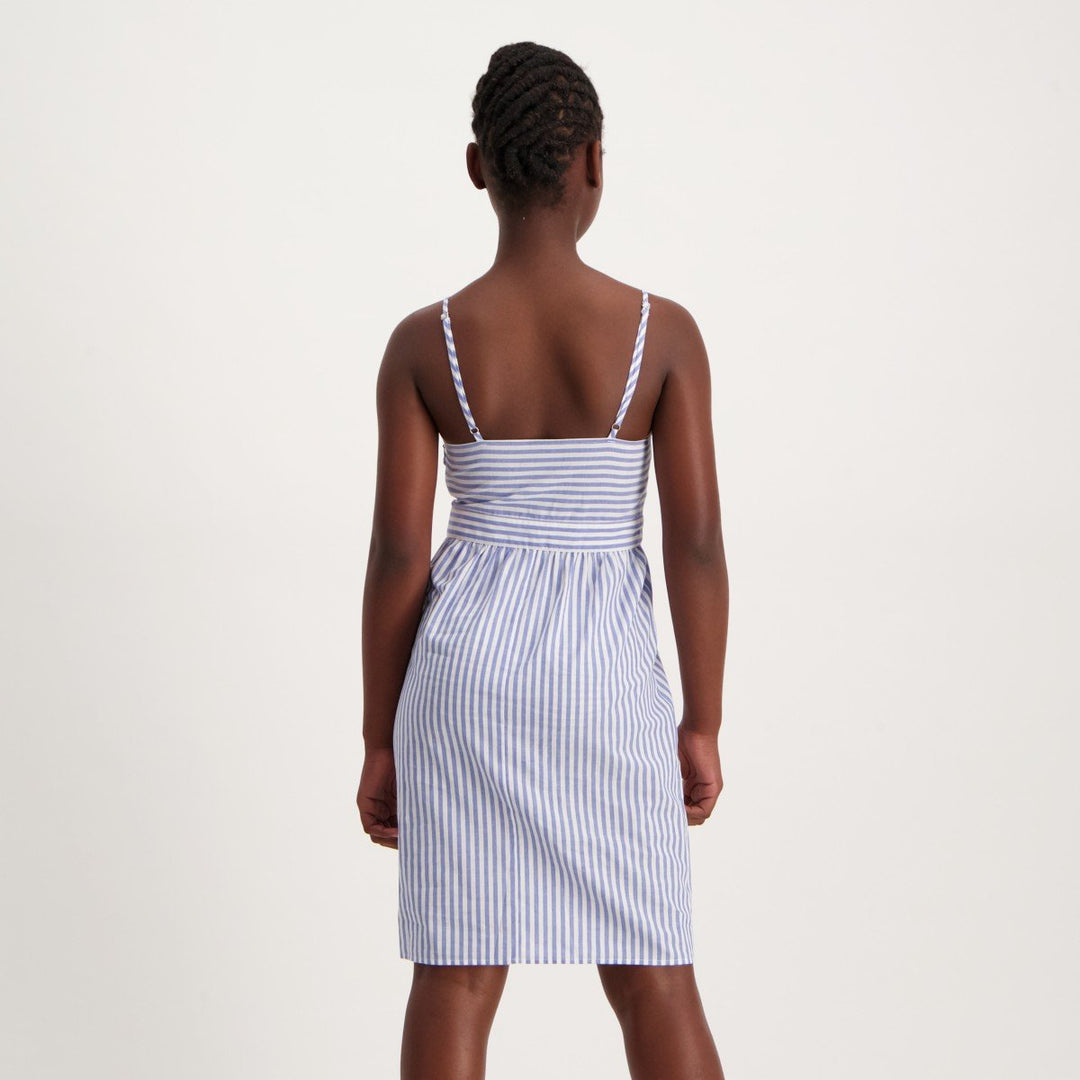 Girls Front Knot Striped Cotton Dress - Blue