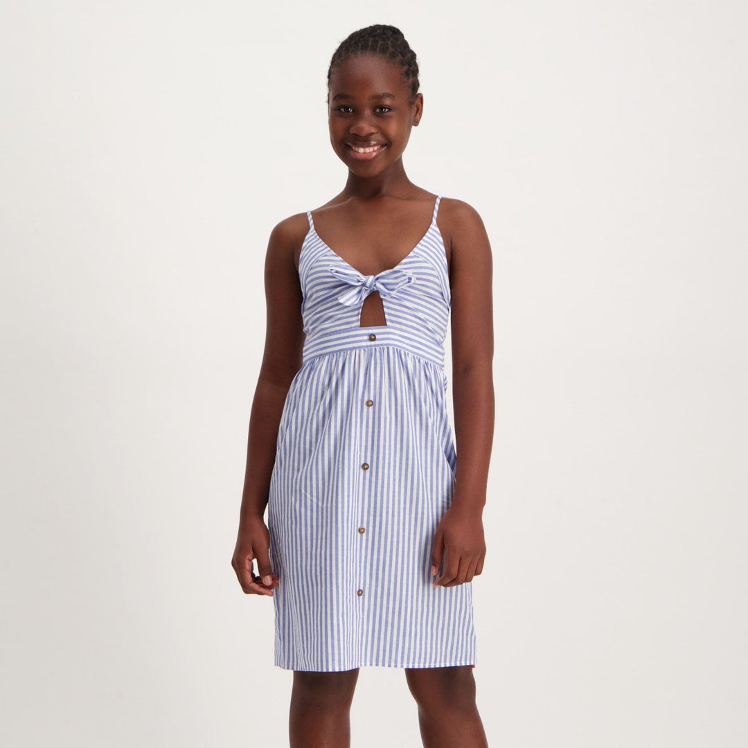 Girls Front Knot Striped Cotton Dress - Blue