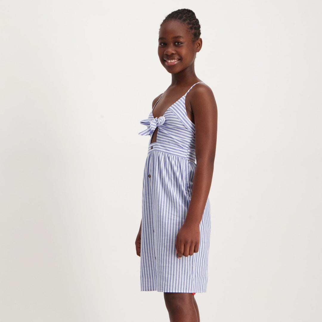 Girls Front Knot Striped Cotton Dress - Blue