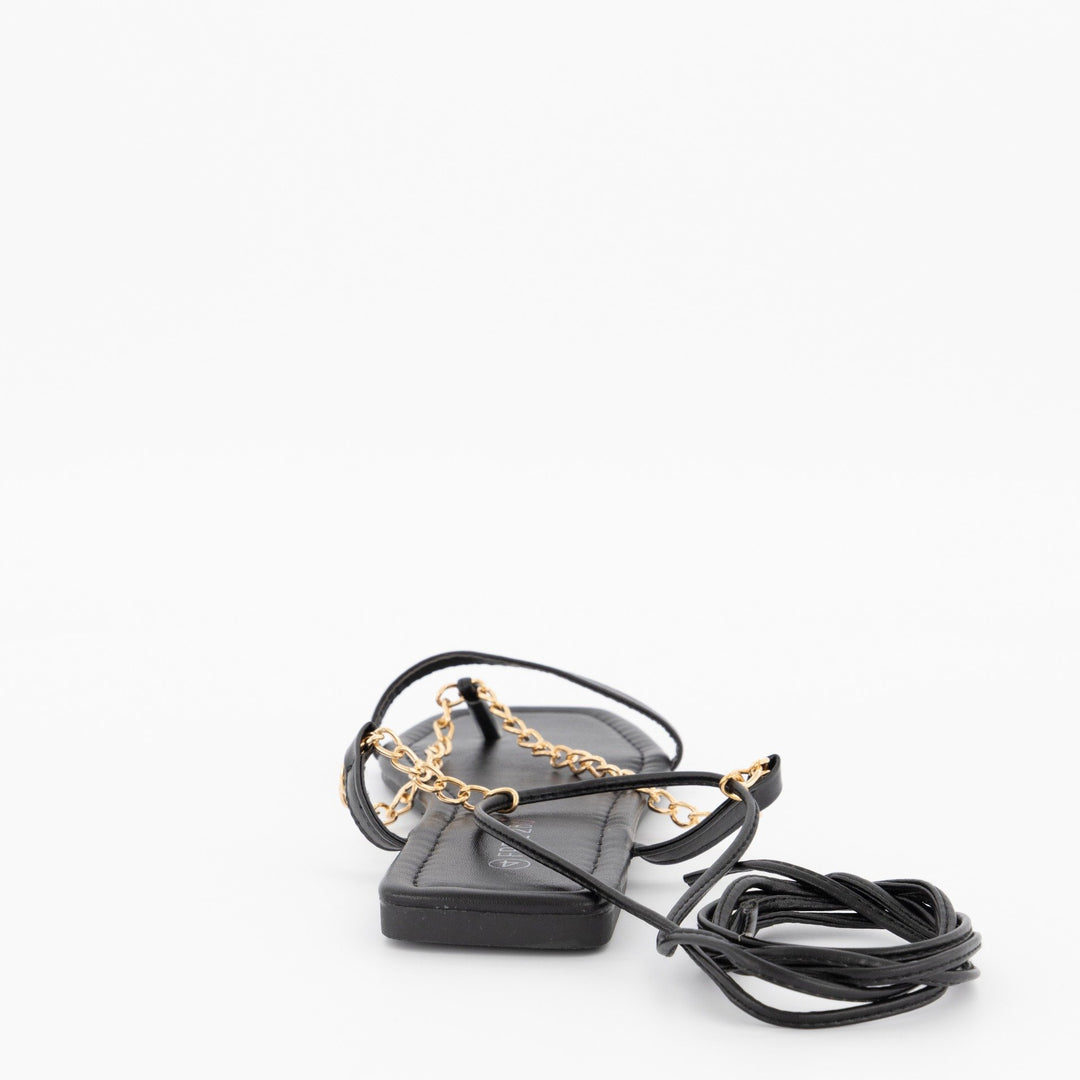 Ladies Chain Thong Lace-Up Flat Sandal - Black