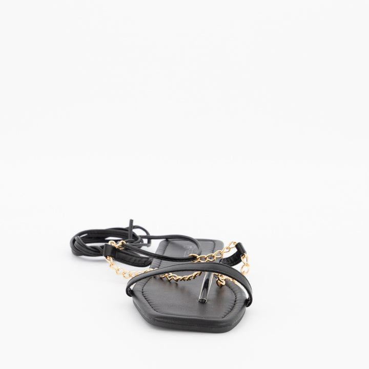 Ladies Chain Thong Lace-Up Flat Sandal - Black