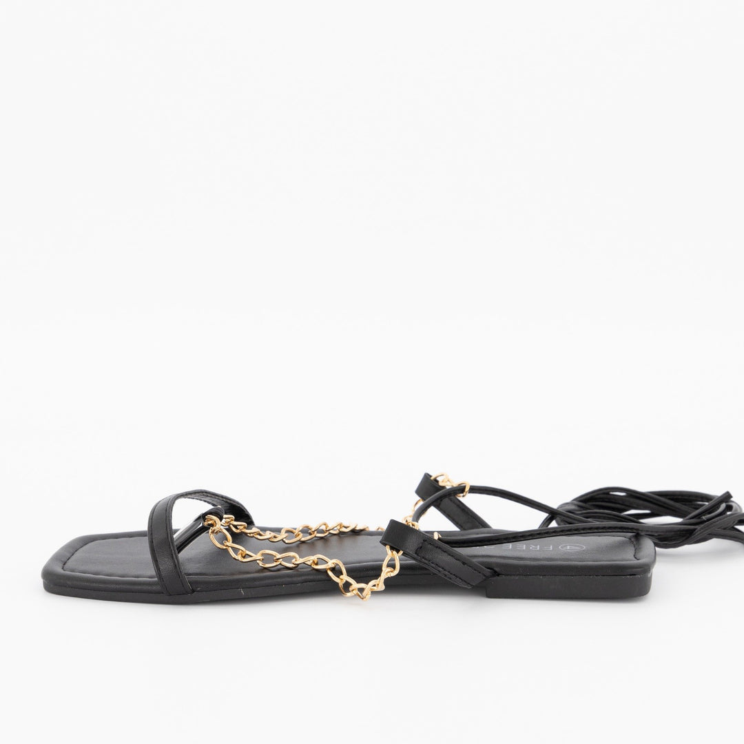 Ladies Chain Thong Lace-Up Flat Sandal - Black