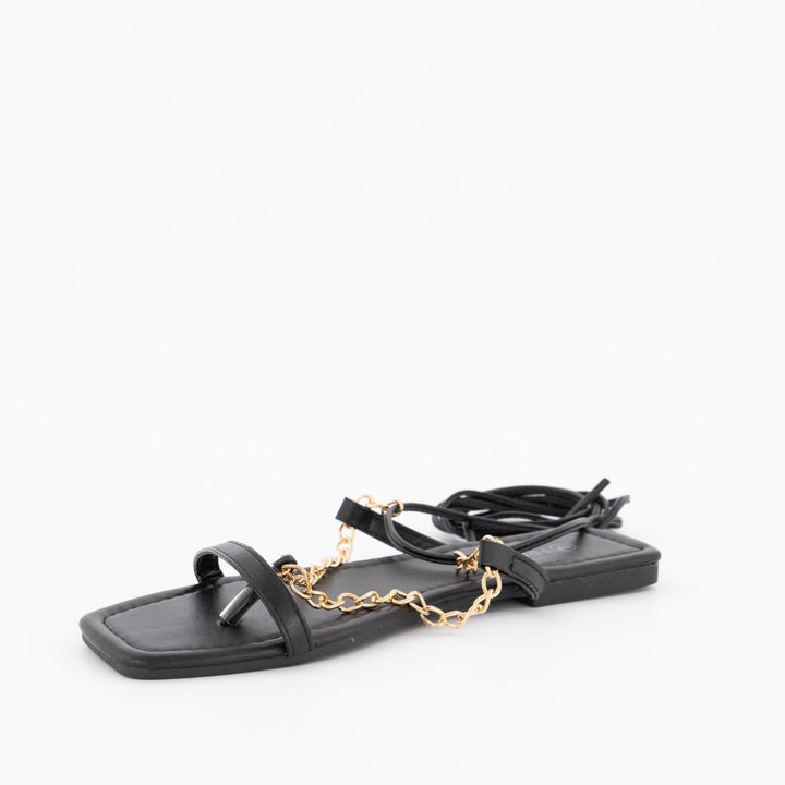 Ladies Chain Thong Lace-Up Flat Sandal - Black