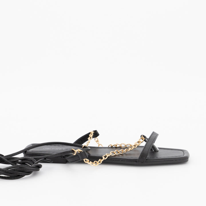 Ladies Chain Thong Lace-Up Flat Sandal - Black