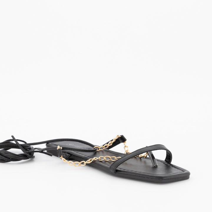Ladies Chain Thong Lace-Up Flat Sandal - Black