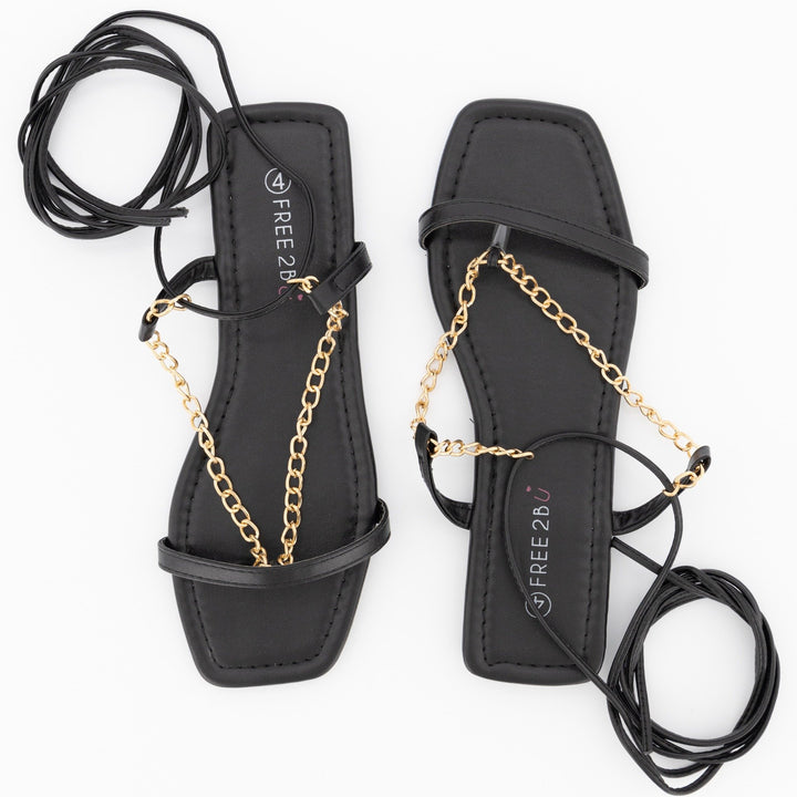 Ladies Chain Thong Lace-Up Flat Sandal - Black