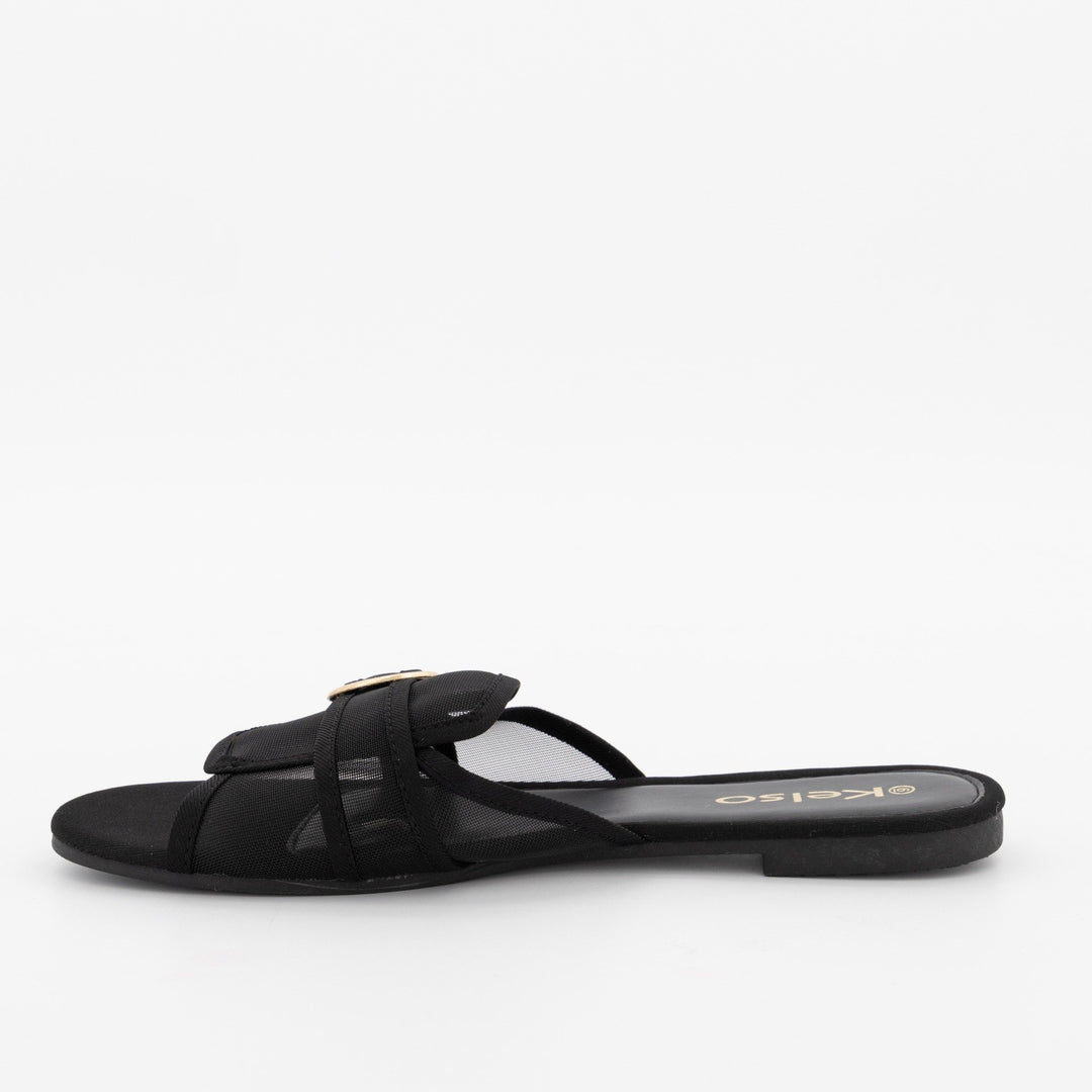 Ladies Peeptoe Albert Cut Flat Sandal -Black