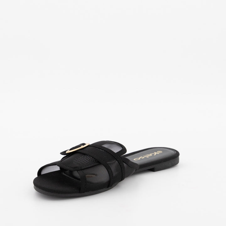 Ladies Peeptoe Albert Cut Flat Sandal -Black