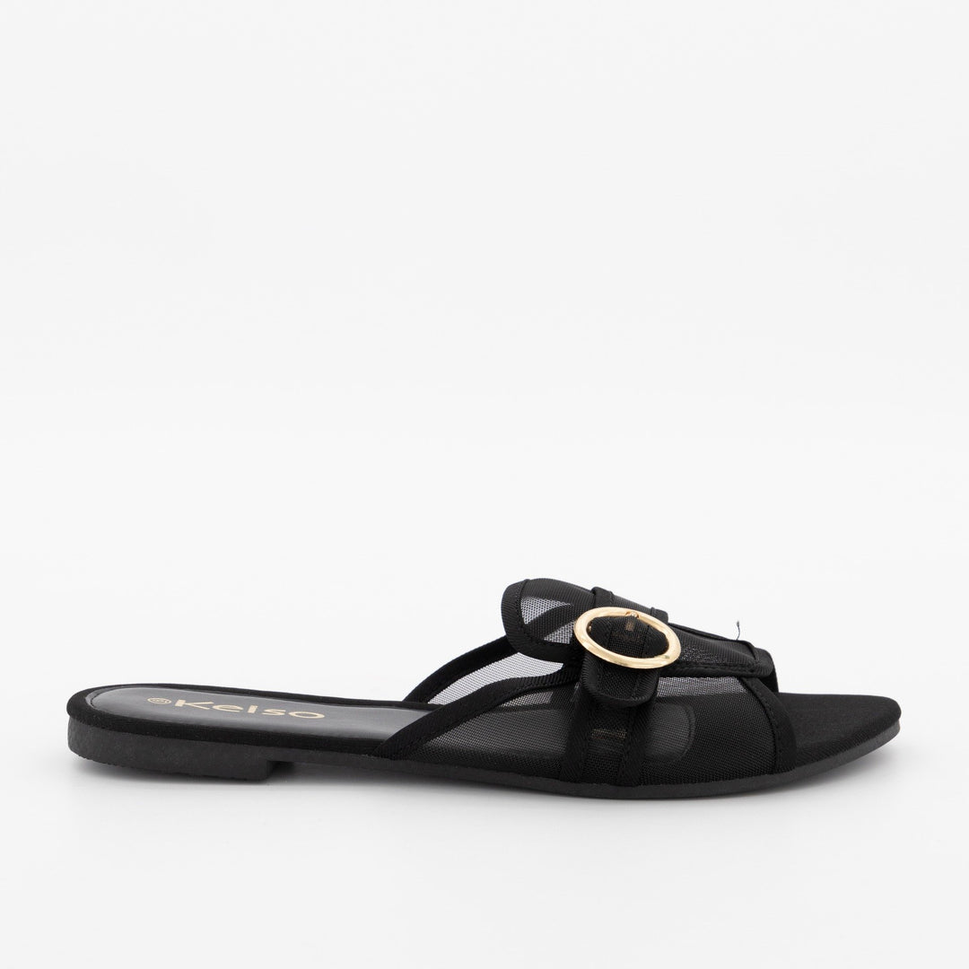 Ladies Peeptoe Albert Cut Flat Sandal -Black